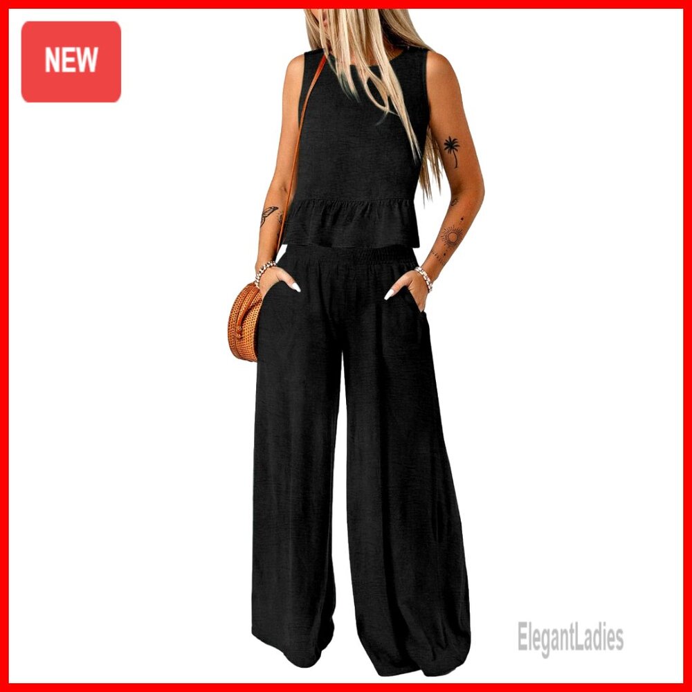 Polyester Wide Leg Pant Set With Elastic Waist, Sleeveless Top, Xxl